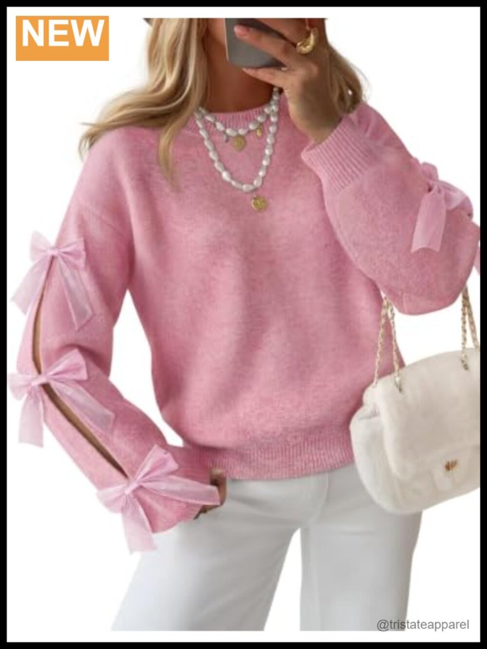Oversized Chunky Knit Sweater with Bow Sleeves Crew Neck Pullover